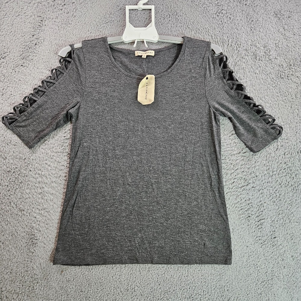 NEW - Retrology Top Blouse Women Small Detailed Sleeve Stretch Gray